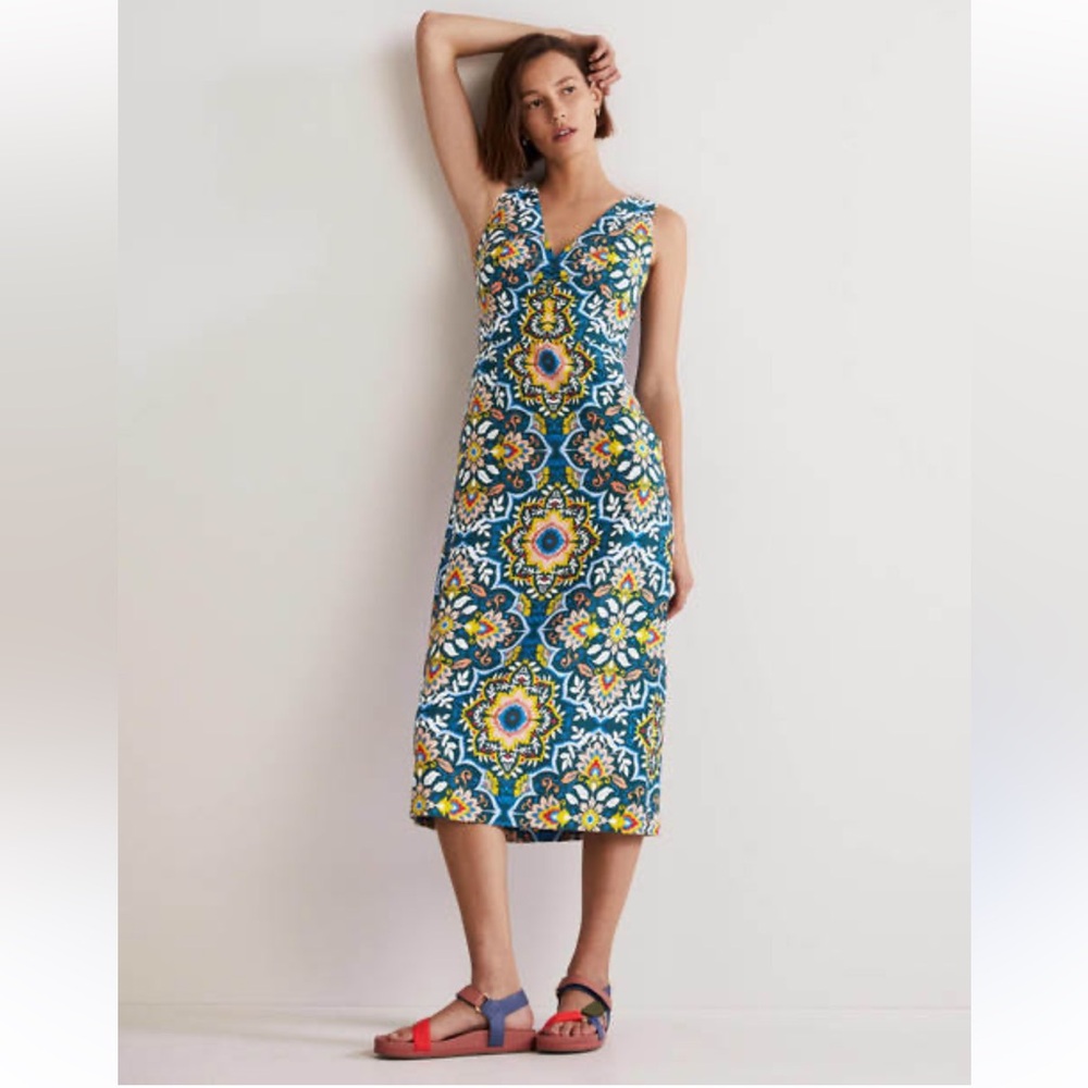 Boden Blue Floral Mosaic Midi Dress 8 Perfect Spring/Summer weight.